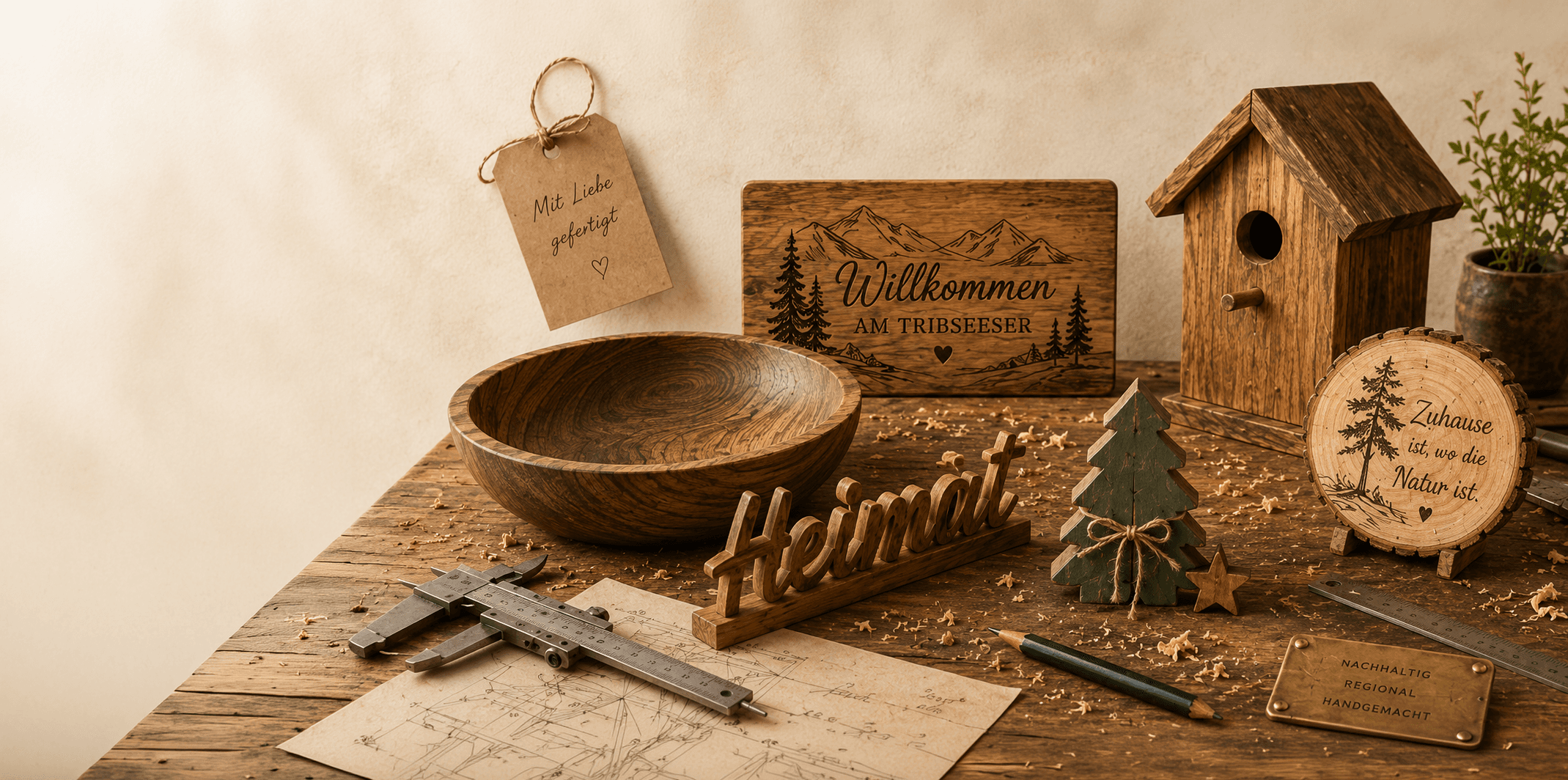 Handgefertigte Holzunikate aus Tribsees – Schale, Gravurschild „Willkommen am Tribseeser“, Vogelhaus und Holzlettering auf der Werkbank