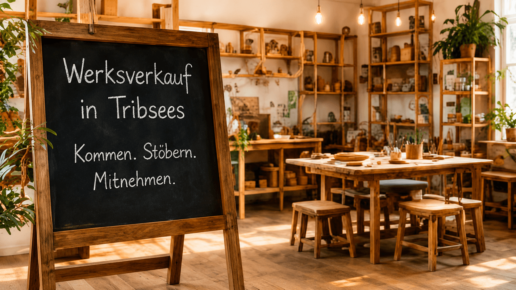 Werksverkauf in Tribsees: Kreidetafel vor der hellen Werkstatt mit Holzregalen und Werkbank