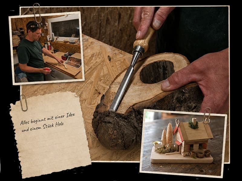 Werkstatt-Collage: altes Foto des Elternhauses, ein Werkstattzettel, Hände beim Hobeln mit fliegenden Holzspänen und ein beleuchteter Schwibbogen