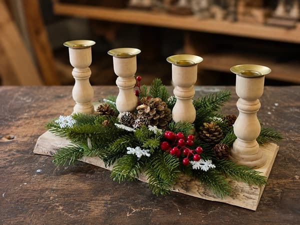 Adventsdekoration auf Holzbrett mit vier Kerzenhaltern, Tannengrün, Zapfen und roten Beeren