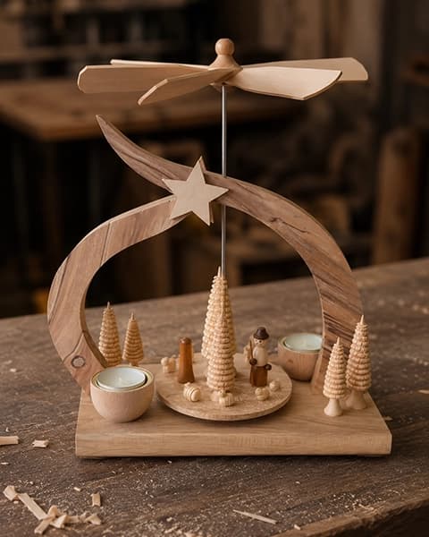 Weihnachtspyramide aus Holz mit Flügelrad, Sternbogen, Spanbäumen und kleinen Figuren