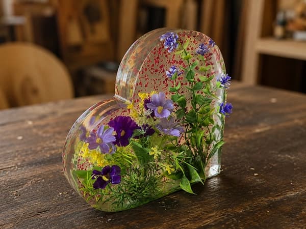 Transparentes Herz mit eingearbeiteten lila und gelben Blüten auf einer Werkbank