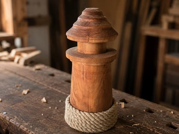 Gedrechselter Holzpoller mit Tauwerk auf einer Werkbank