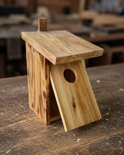 Handgefertigtes Vogelhaus aus Massivholz mit breitem Dach und rundem Einflugloch