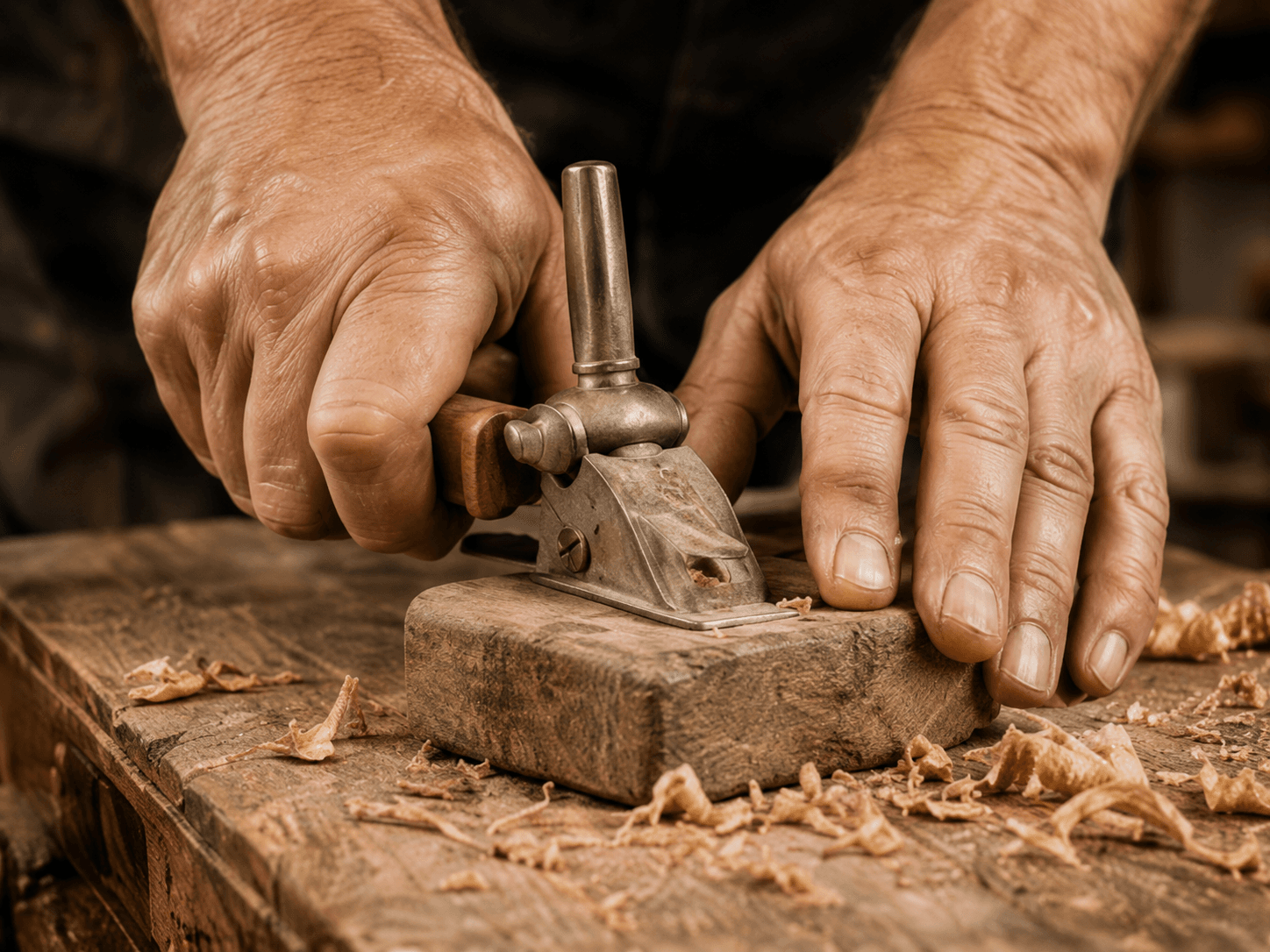 Hände bearbeiten ein Stück Holz mit einem Handhobel, feine Späne fallen herab